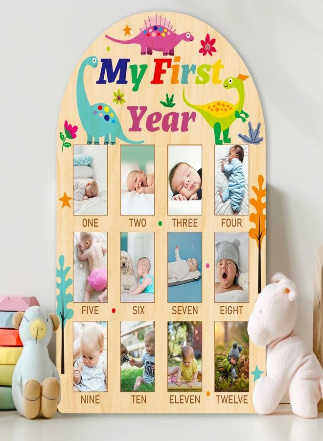 ORIGACH My First Year Baby Growth Photo Display Wood Board - 12 Months Newborn Milestones Photo Board - Neutral Baby Keepsake Board 1st Birthday Party Nursery Decor New Mom Gift - Dinosaur - Image 5